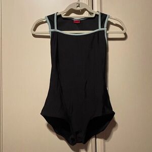 Black YUMIKO leotard with aqua piping and open back size large